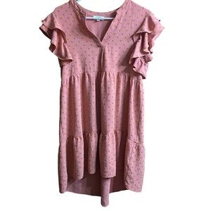 Umgee Pink Orange Swiss Dot Babydoll Hi Low Tiered Mini Dress Size Small